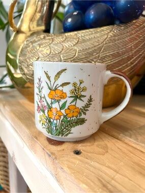 Vintage Takahashi Japan Speckled Stoneware Wildflower Coffee Mug MCM Boho Floral